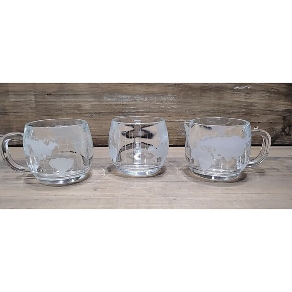 Nestle Nescafe Clear Glass Etched Globe World Coffee Mug-Set Of 4 Vintage - Picture 6 of 10